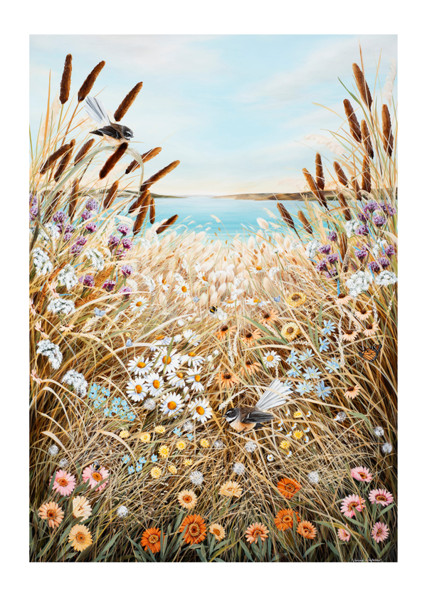 Coastal Meadow Maximalist series - Piwakawakas and friends